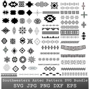 Può includere: Una collezione di motivi aztechi del sud-ovest in bianco e nero, con varie forme geometriche e disegni di bordi. L'immagine include il testo "Southwestern Aztec Pattern SVG Bundle" e le abbreviazioni dei tipi di file.