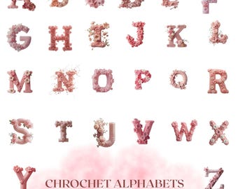 Spring season,Crochet Alphabet PNG Letters, Pink Knitted Font Clipart (Digital Download)