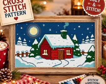 Christmas Cottage Cross Stitch Pattern: Snowy Moonlit Holiday, Christmas Wall Decor, PDF Download