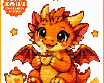 Orange Tea Dragon Cross Stitch Pattern: Cozy Tea Time Fantasy Dragon, Digital PDF Download