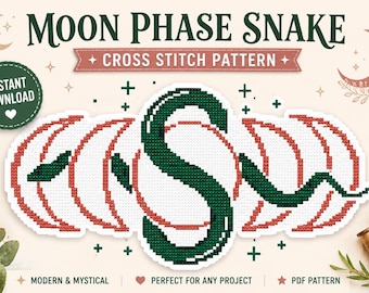 Snake and Moons Cross Stitch Pattern: Gothic Celestial Serpent, Digital PDF Download