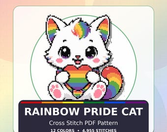 Rainbow Pride Cat Cross Stitch Pattern, LGBTQ Kawaii Embroidery Chart