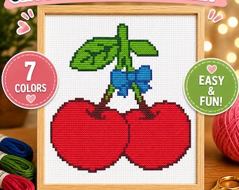 Cherries With Bow Cross Stitch Pattern: Vintage Fruit Charm, Kitchen Decor, PDF Download