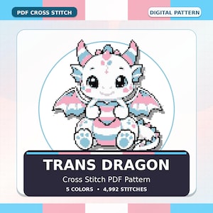 May include: A digital cross stitch pattern featuring a cute dragon in the colors of the transgender flag: pink, light blue, and white. The dragon has large eyes and is sitting. The text "TRANS DRAGON" is displayed below the dragon, along with details about the pattern.