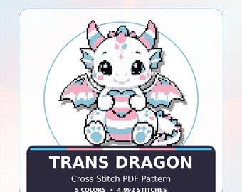 Trans Dragon Cross Stitch Pattern, Transgender Pride Kawaii Embroidery Chart