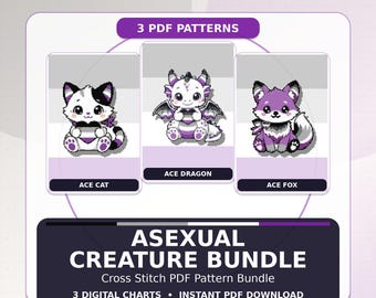 Asexual Pride Cross Stitch Bundle, Kawaii Cat Dragon Fox Patterns, Ace Flag Embroidery