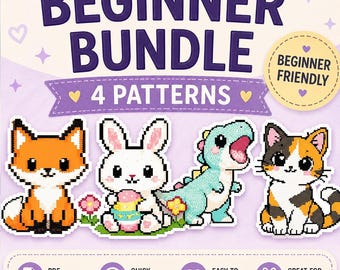Beginner Cross Stitch Bundle, 4 Cute Animal Patterns, Fox Cat Dino Bunny