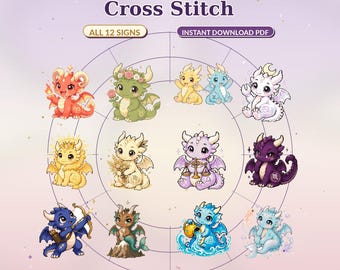 Dragon Zodiac Cross Stitch Bundle, All 12 Astrology Signs, Chibi Fantasy Embroidery PDF, Instant Download