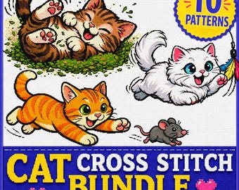 Cat Cross Stitch Bundle PDF, 10 Cat Breed Patterns, Beginner and Intermediate, Instant Download, Cat Lover Gift, Embroidery Chart Set