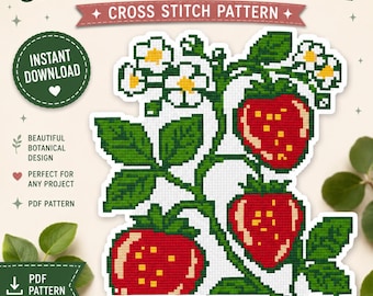 Patrón de punto de cruz de enredadera de fresa: estilo botánico vintage cottagecore, descarga digital en PDF.