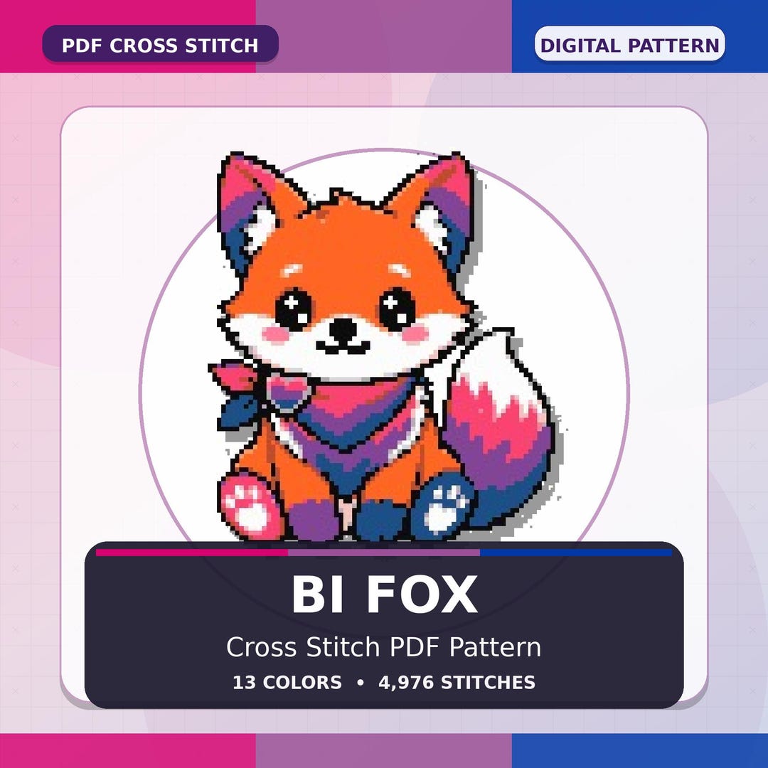 Bisexual Fox Cross Stitch Pattern, Bi Pride Kawaii Embroidery Chart - Etsy