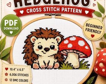 Hedgehog Cross Stitch Pattern, Cute Woodland Mushroom Beginner Embroidery
