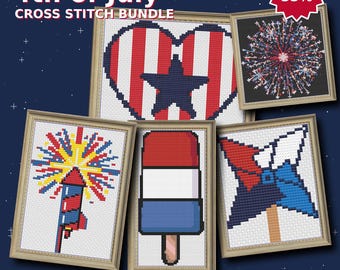 4th of July Cross Stitch Pattern Bundle PDF | 8 Patriotic Designs | Uncle Sam Hat Fireworks Bunting Rocket Pinwheel | Instant Download