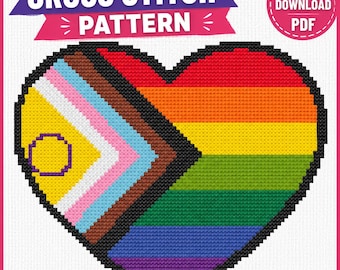Progress Pride Heart Cross Stitch Pattern: Bold Pride Flag Heart, Digital PDF Download