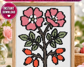 Rosehips Cross Stitch Pattern: Soft Cottagecore Botanical, Digital PDF Download