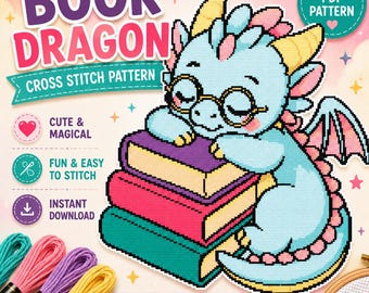 Book Dragon Cross Stitch Pattern: cozy reading dragon, fantasy library decor, PDF Digital Download