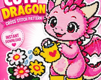 Small Spring Dragon Cross Stitch Pattern: Pink Gardening Dragon, Digital PDF Download