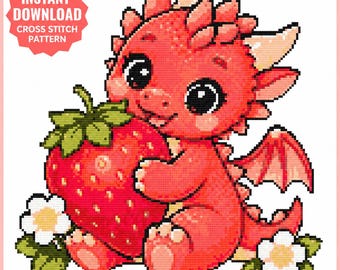 Strawberry Dragon Cross Stitch Pattern: Cozy Cottagecore Spring Dragon, Digital PDF Download