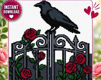 Raven on Gate Cross Stitch Pattern: Gothic Dark Academia Roses, Digital PDF Download