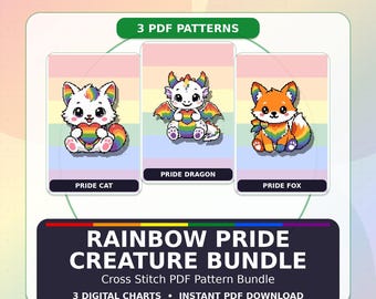 Rainbow Pride Cross Stitch Bundle, Kawaii Cat Dragon Fox Patterns, LGBTQ Embroidery