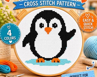 Waving Penguin Cross Stitch Pattern: Sweet Winter Whimsy, Cute Animal Decor, PDF Download