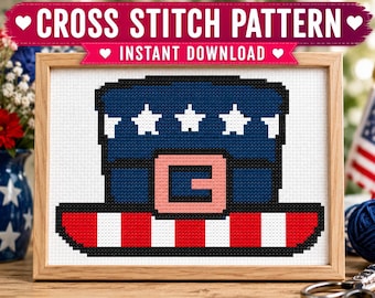 Uncle Sam Hat Cross Stitch Pattern: Patriotic Americana Mini, Digital PDF Download