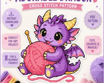 Yarn Dragon Cross Stitch Pattern: Cozy Crafting Dragon, Digital PDF Download