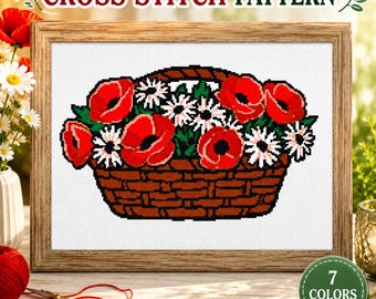Flower Basket Cross Stitch Pattern: Cottagecore Garden Blooms, Floral Wall Decor, PDF Download