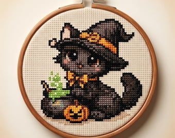 Black Cat Witch Cross Stitch Pattern, Halloween Kitten Cauldron Beginner Design