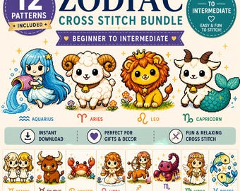 Zodiac Cross Stitch Bundle, 12 Astrology Signs, Cute Horoscope Embroidery Charts