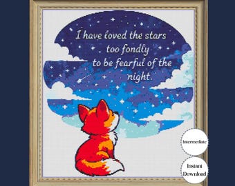 Celestial Fox Cross Stitch Pattern, Starry Night Quote Embroidery Design