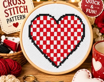 Checkerboard Heart Cross Stitch Pattern: Playful Retro Love, Valentine Decor, PDF Download