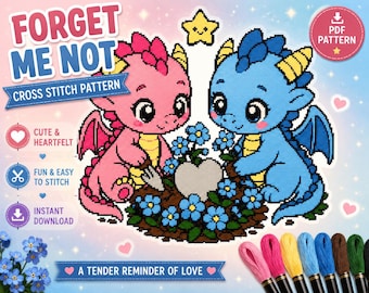 Patrón de punto de cruz de dragones nomeolvides: dragones florales conmemorativos, decoración para recordar a quienes han perdido a un ser querido, descarga digital en PDF.