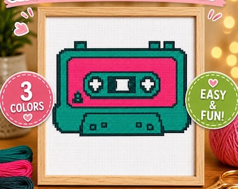 Retro Cassette Cross Stitch Pattern: Nostalgic Teal Mixtape, Music Lover Decor, PDF Download