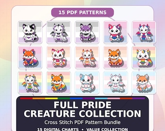 LGBTQ Pride Cross Stitch Bundle, 15 Kawaii Creature Patterns, Cat Dragon Fox Embroidery Charts