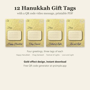 Op de afbeelding: Twaalf rechthoekige Hanukkah-cadeaulabels met een goudkleurige textuurachtergrond. Elk label heeft een wit vlak om To en From op te schrijven en bevat de tekst Happy Hanukkah, Chag Sameach, Festival of Lights of Love and Light.