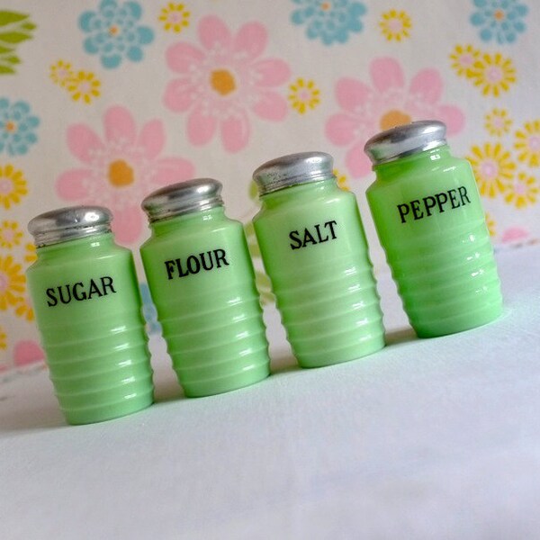 Vintage Jadite Salt, Pepper, Sugar, Flour Shaker Set