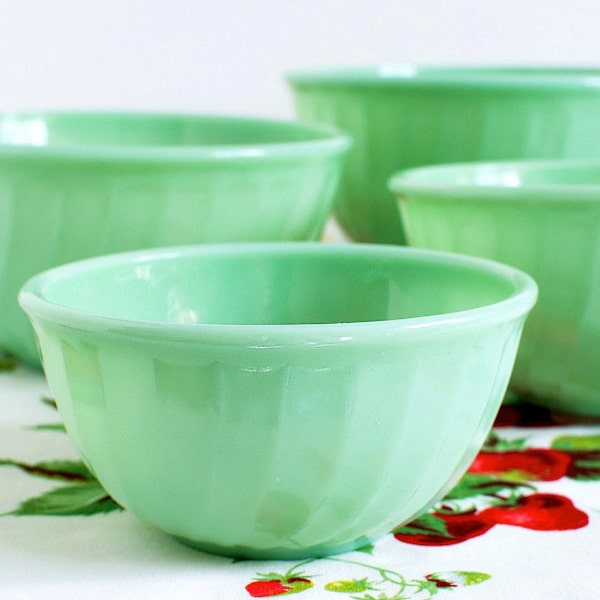 Three Fire King Jadeite Swirl Mixing Bowls, Vintage