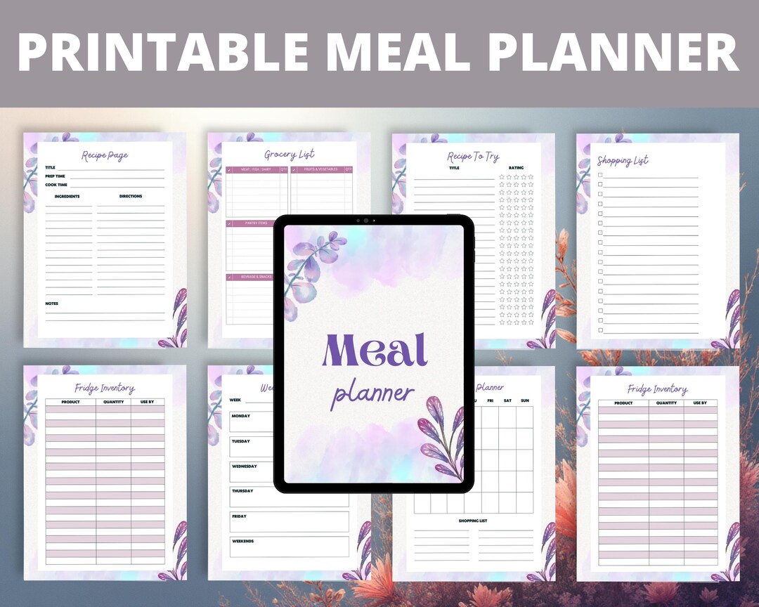 Watercolor Floral Weekly Meal Planner | Printable Kitchen Organizer ...