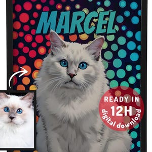 Può includere: Ritratto digitale incorniciato di un gatto bianco con occhi blu brillanti, su uno sfondo di cerchi colorati. Il nome "MARCEL" è visualizzato sopra il gatto. Un'immagine più piccola del gatto si trova nell'angolo in basso a sinistra. Un cerchio rosso dice "READY IN 12H digital download."