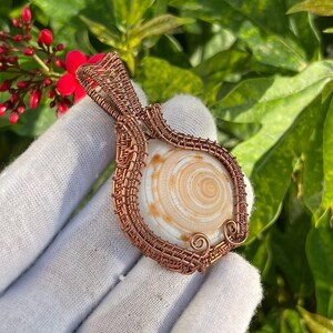 Könnte beinhalten: Kupferdraht-Anhänger mit einer spiralförmigen Muschel. Die Muschel ist weiß und hellbraun, und der Draht ist kunstvoll darum gewebt. Der Anhänger wird vor einem Hintergrund aus grünem Laub und roten Blüten präsentiert.