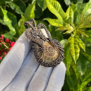 May include: A handcrafted pendant featuring a fossilized ammonite encased in intricate copper wire. The pendant showcases the spiral pattern of the fossil, with a natural color palette of browns and creams. The wirework adds a unique, artistic touch.