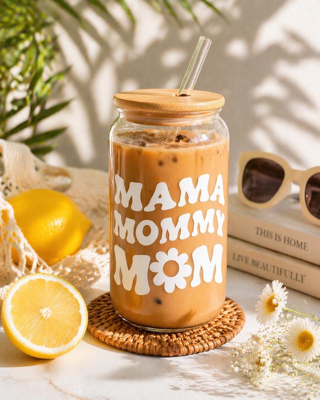 Mama Beer Can Glass With Bamboo Lid & Straw | Iced Coffee Drinkware - Etsy