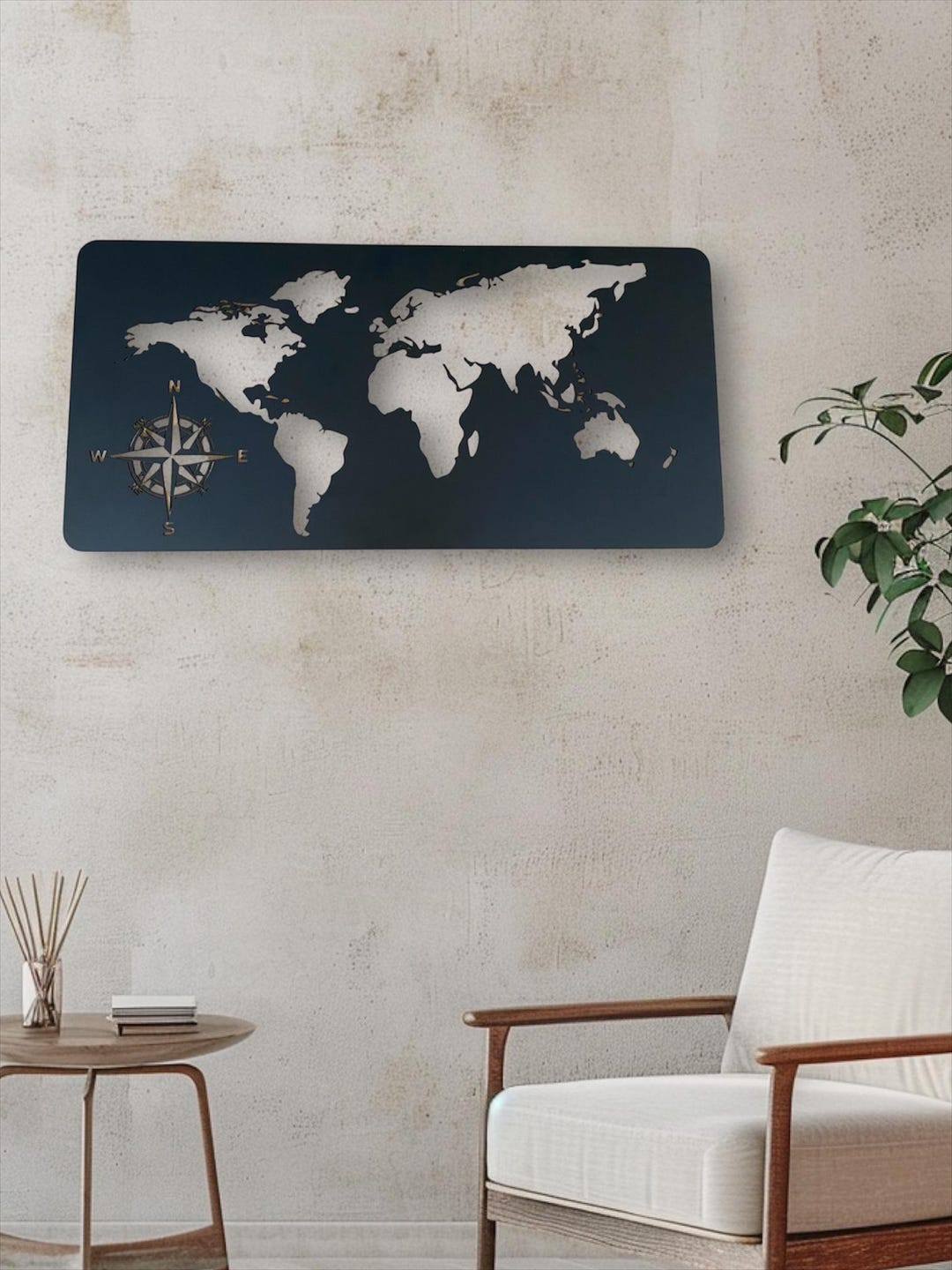 Metal Wall Map of the World With Compass Rose – Modern Wall Decoration ...