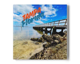 Tampa Bay Coastal Pier Ceramic Coaster Tranquil Seaside Photography for Beach Lovers