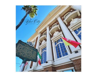 May include: An architectural image of a building with white columns, arched windows, and balconies. Flags of Italy and a red and yellow flag are displayed. A sign reads "L'Unione Italiana" with text. A palm tree is visible against a blue sky.