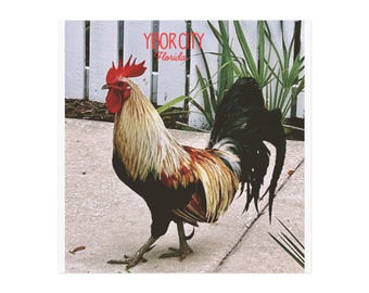 May include: A colorful rooster with red comb and wattle, tan and brown feathers, and black tail feathers stands on a concrete surface. The text "Ybor City Florida" is in red at the top of the image.