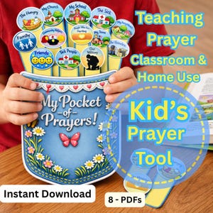 May include: A blue pocket-shaped paper craft titled My Pocket of Prayers with a pink butterfly and white flowers. It contains multiple circular cards with illustrations and labels like The Hungry, My Church, My School, and The Sick for prayer.