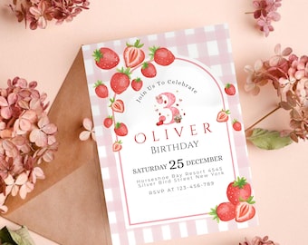 Strawberry 3rd Birthday Invitation | Sweet Berry Birthday Invite | Editable Strawberry Party Invitation | Printable Kids Birthday Card