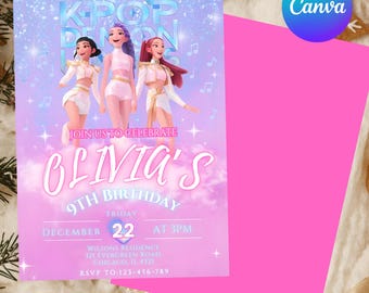 Invitación de cumpleaños de Cazadores de Demonios K-pop HUNTRIX - Plantilla editable de Canva - Blanco dorado - Invitación imprimible para fiesta de cumpleaños